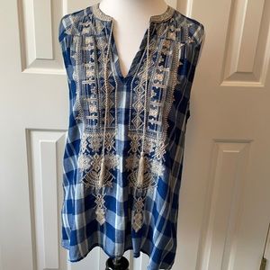 Dylan by true grit blue plaid embroidered sleeveless top with tassel ties